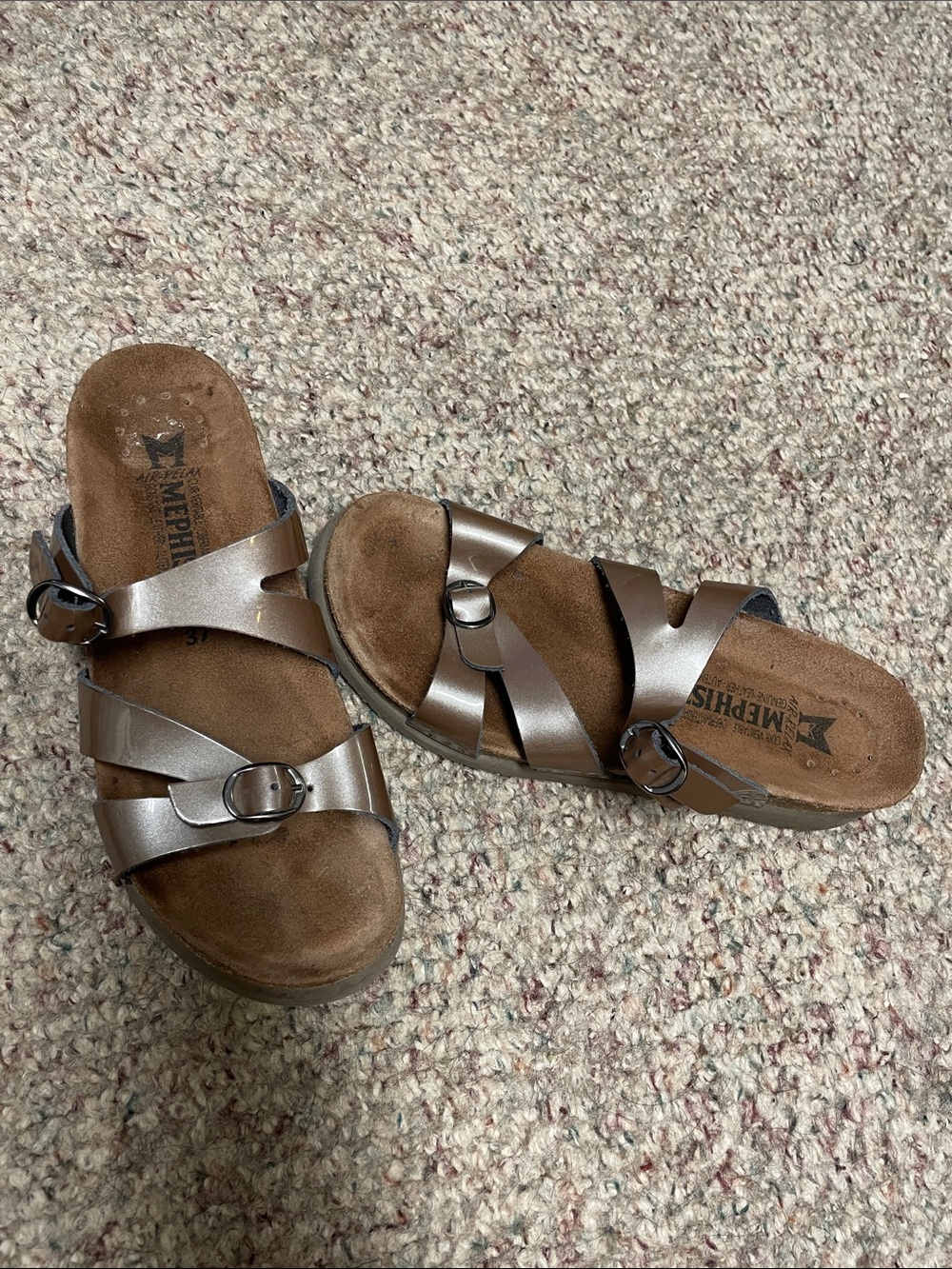 Mephisto Women's Metallic Bronze leather double strap Buckle Slide Sandals